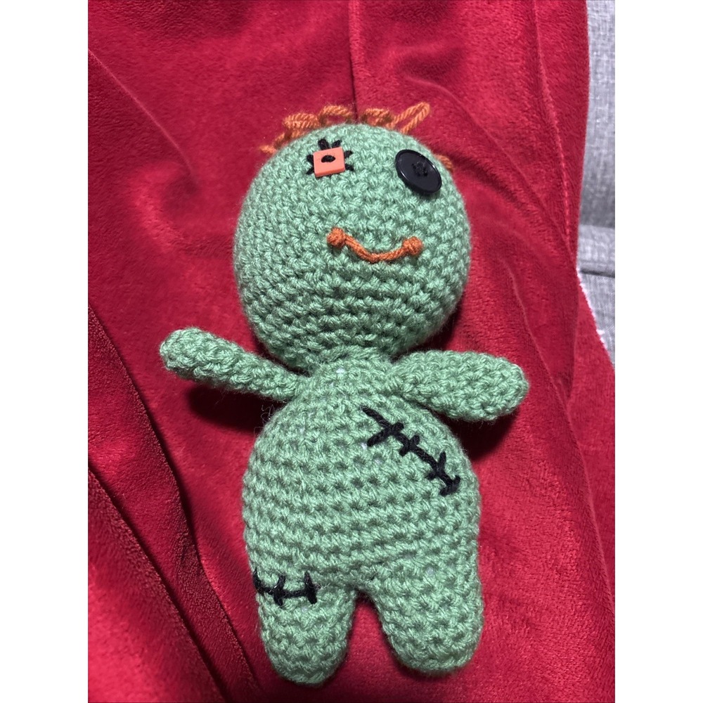 Handmade 9.5" Monster Patch Baby Plushie Green Orange Button Eye Bangs Halloween
